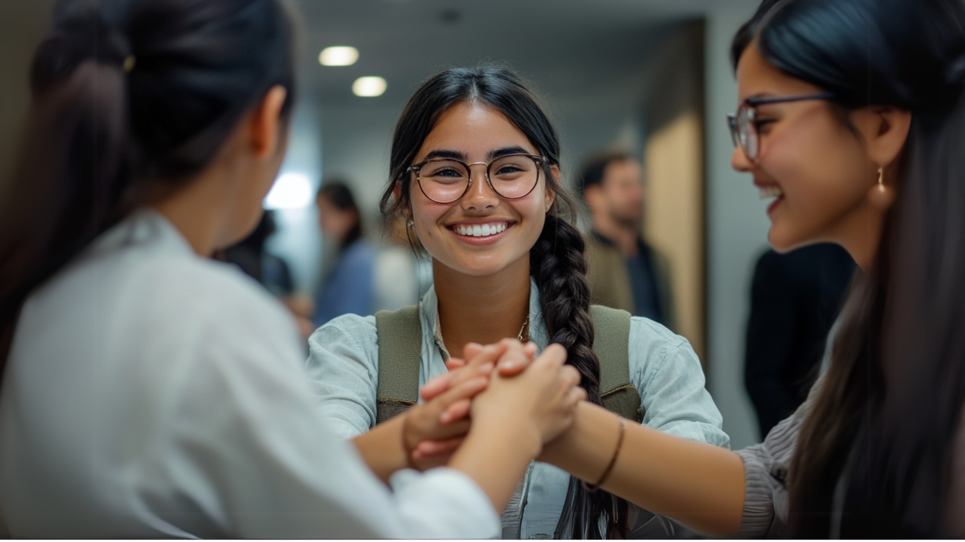 Estudiantes teniendo una conversación mientras se dan la mano