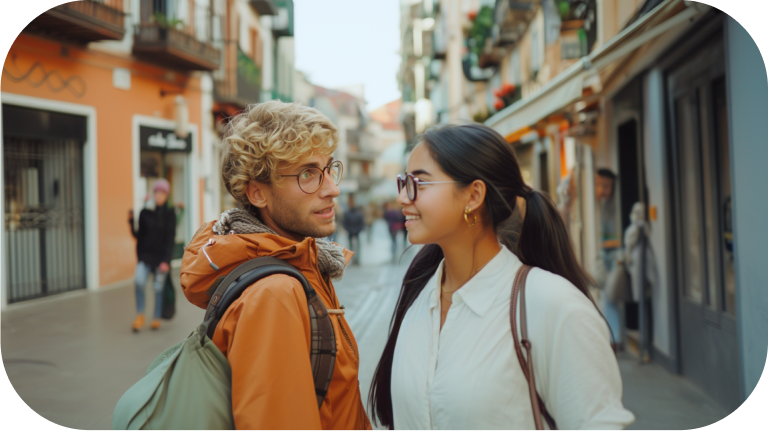 Dos estudiantes se encuentran en la calle y se hacen amigos a través de un intercambio de idiomas.