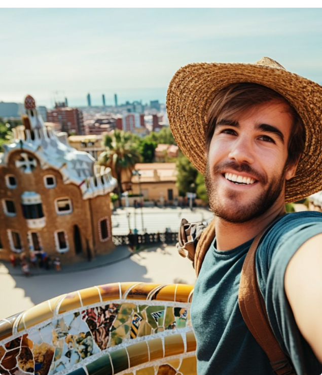 Estudiante tomándose una selfie en una nueva ciudad