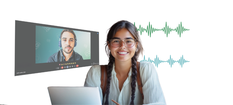 Estudiante mirando a la cámara mientras toma lecciones de idiomas en línea con coLanguage